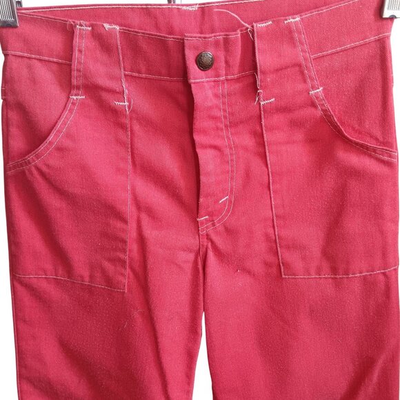 26x26 Vintage 70's Red Hippy Cotton Flare Pants With Patch Pockets Bellbottom - Picture 3 of 7